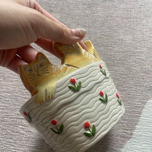 Takahashi Japan Vintage Ceramic Planter 3 Cats In Basket Orange Tabby Home Decor - Picture 3 of 4
